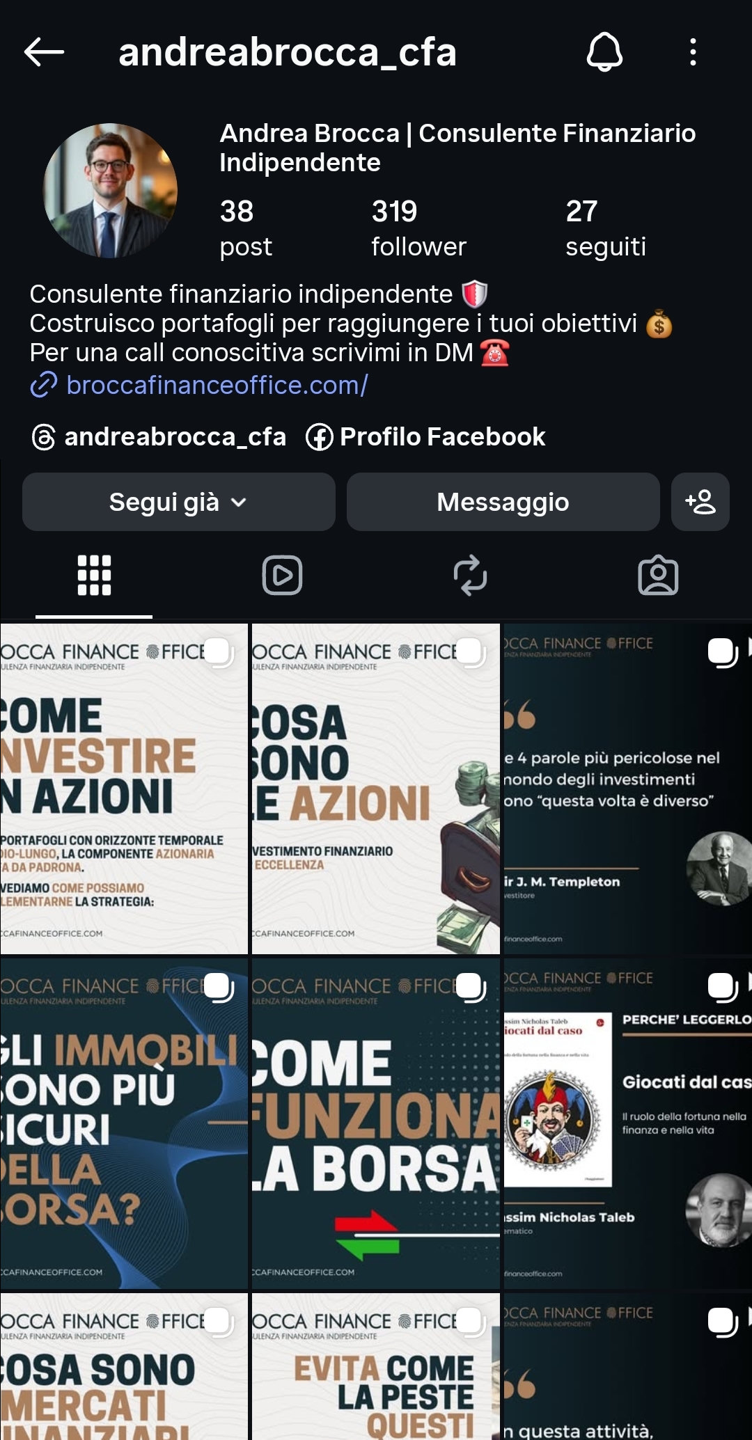 Screenshot pagina Instagram Brocca Finance Office